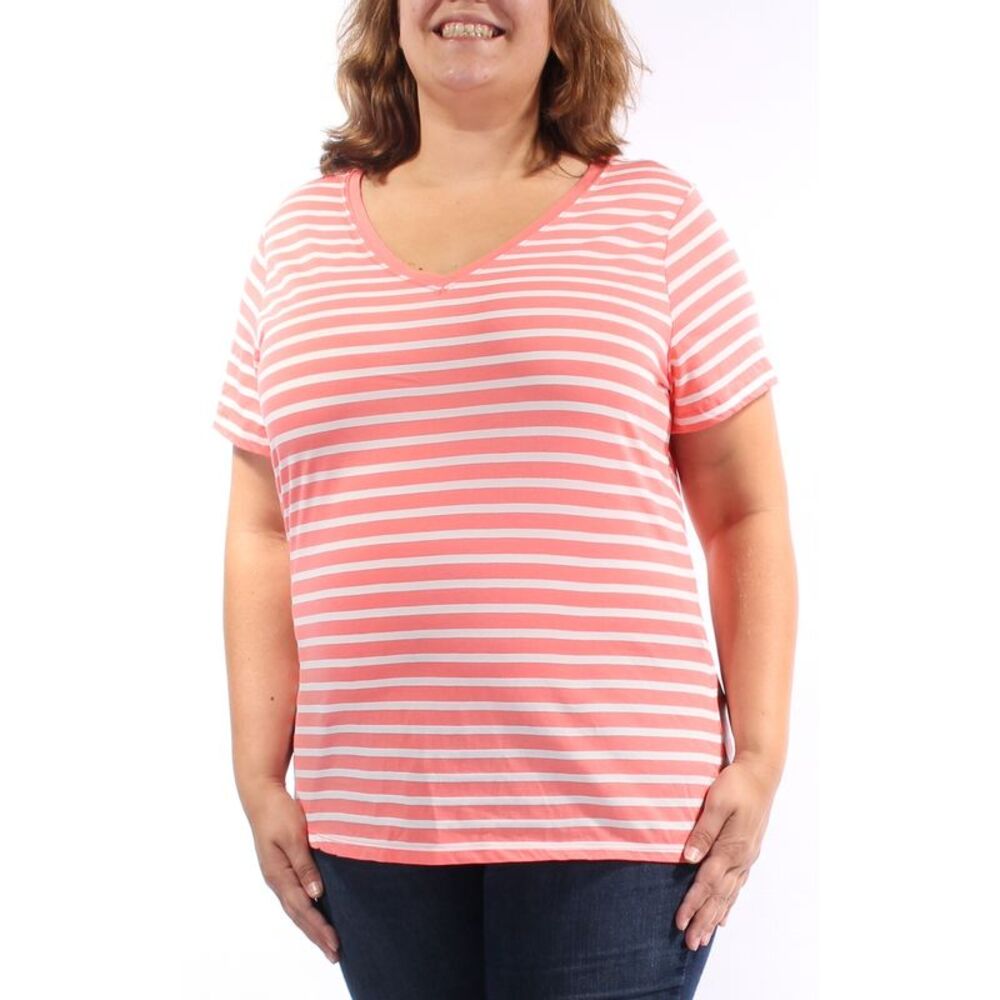 BOBBI & BROOKS Womens Pink Striped Cap Sleeve V Neck T-Shirt Size: 2X